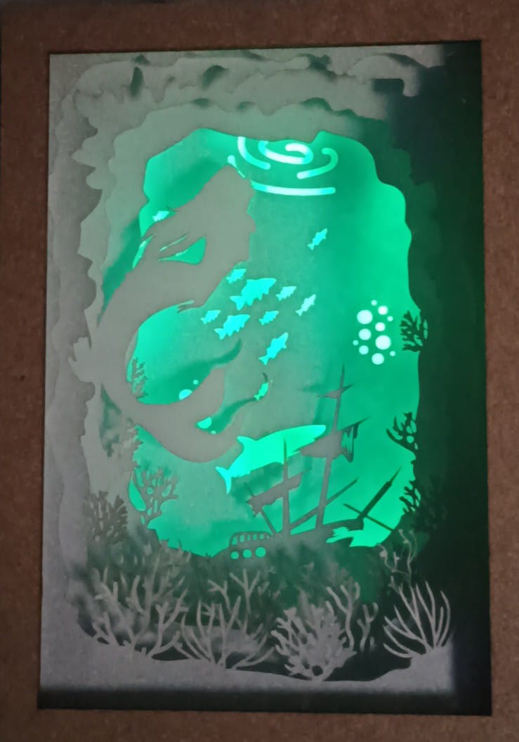 Shadow Box 3D Sereia com Iluminação RGB e Controle Remoto